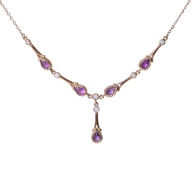 Lot 115 - A 9ct gold amethyst and opal drop necklace