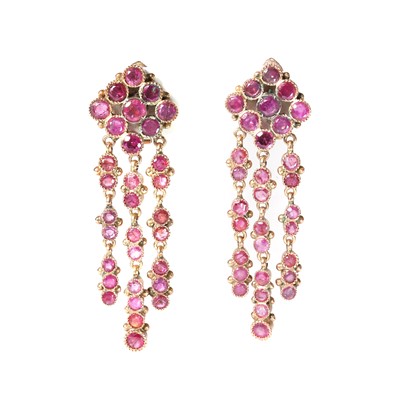 Lot 114 - A pair of ruby cluster drop clip earrings