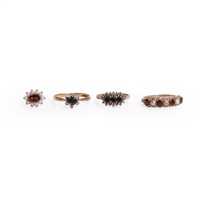 Lot 274 - A group of three 9ct gold rings and a single cluster earring
