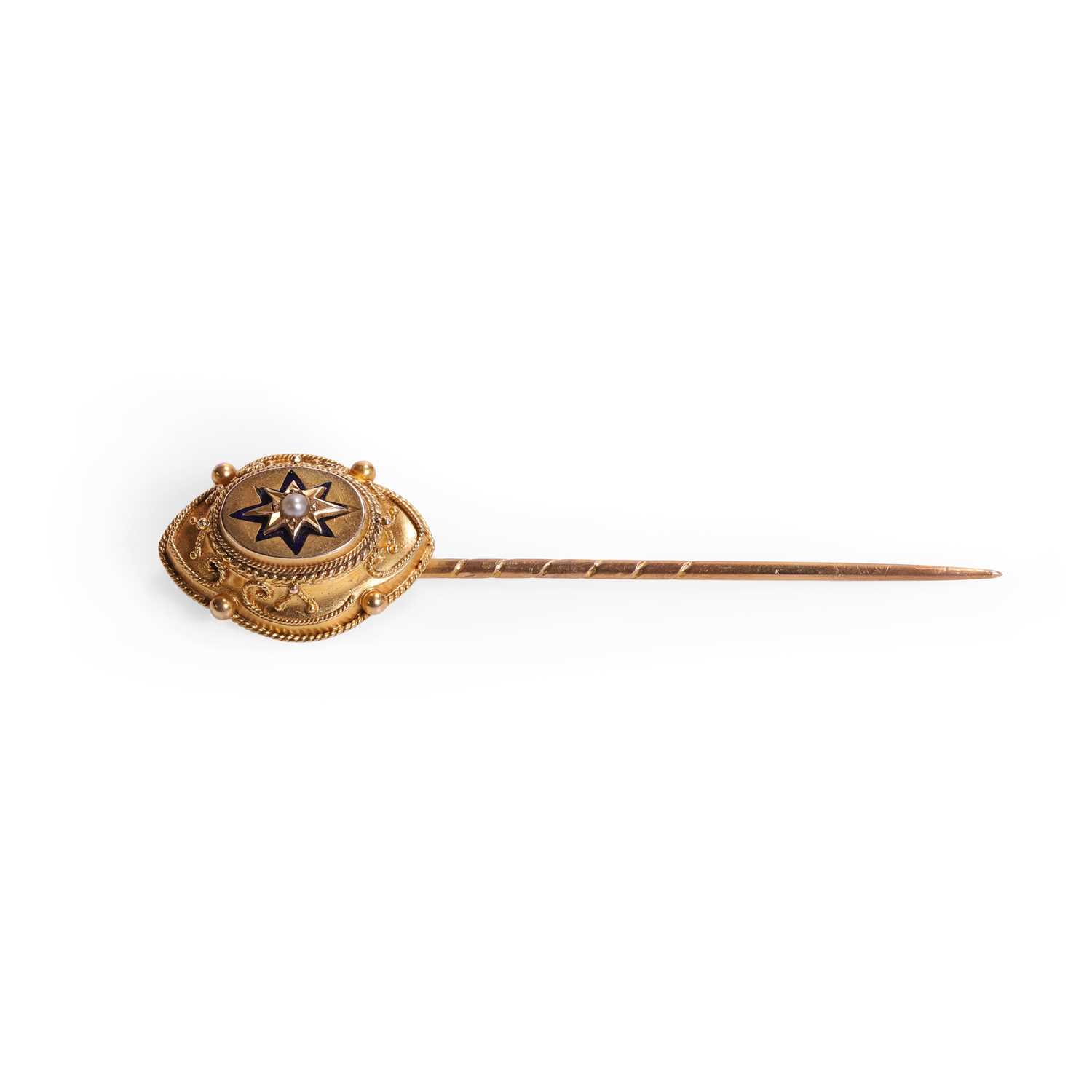 Lot 8 - A Victorian Etruscan Revival split pearl and enamel stick pin