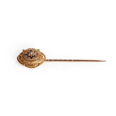 Lot 8 - A Victorian Etruscan Revival split pearl and enamel stick pin