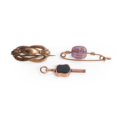 Lot 256 - Two antique brooches and a fob key