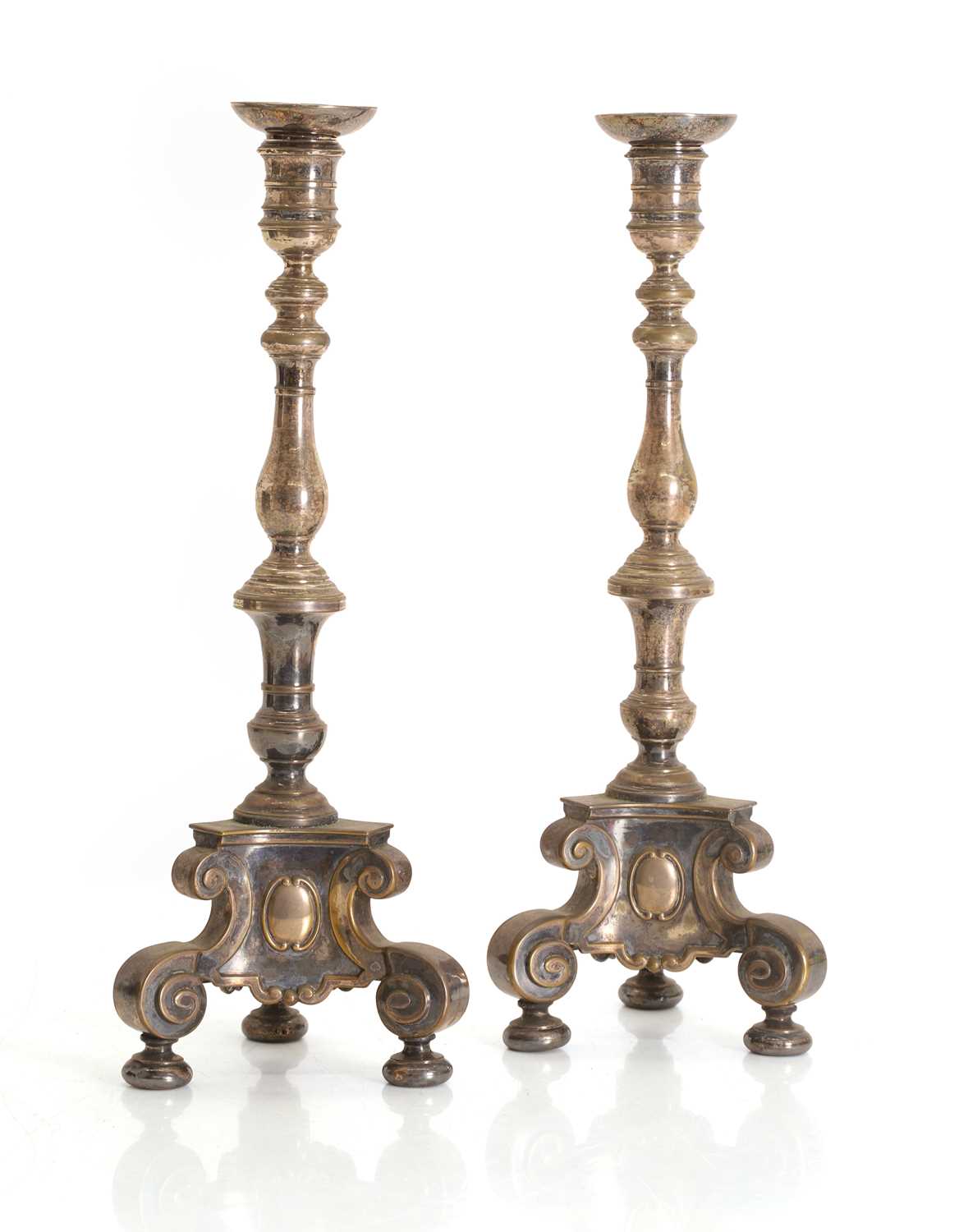 Lot 41 - A pair of silverplated Baroque candlesticks