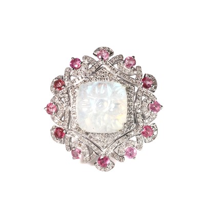 Lot 161 - A rainbow moonstone, pink tourmaline, and diamond ring