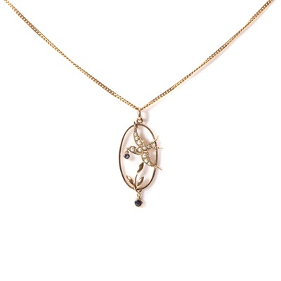 Lot 54 - A split pearl and sapphire pendant on chain