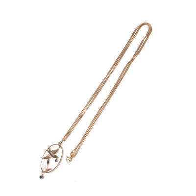 Lot 54 - A split pearl and sapphire pendant on chain