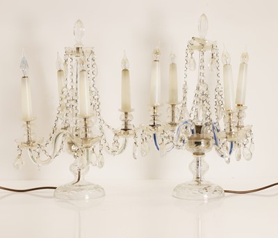 Lot 472 - A pair glass three light glass lustres