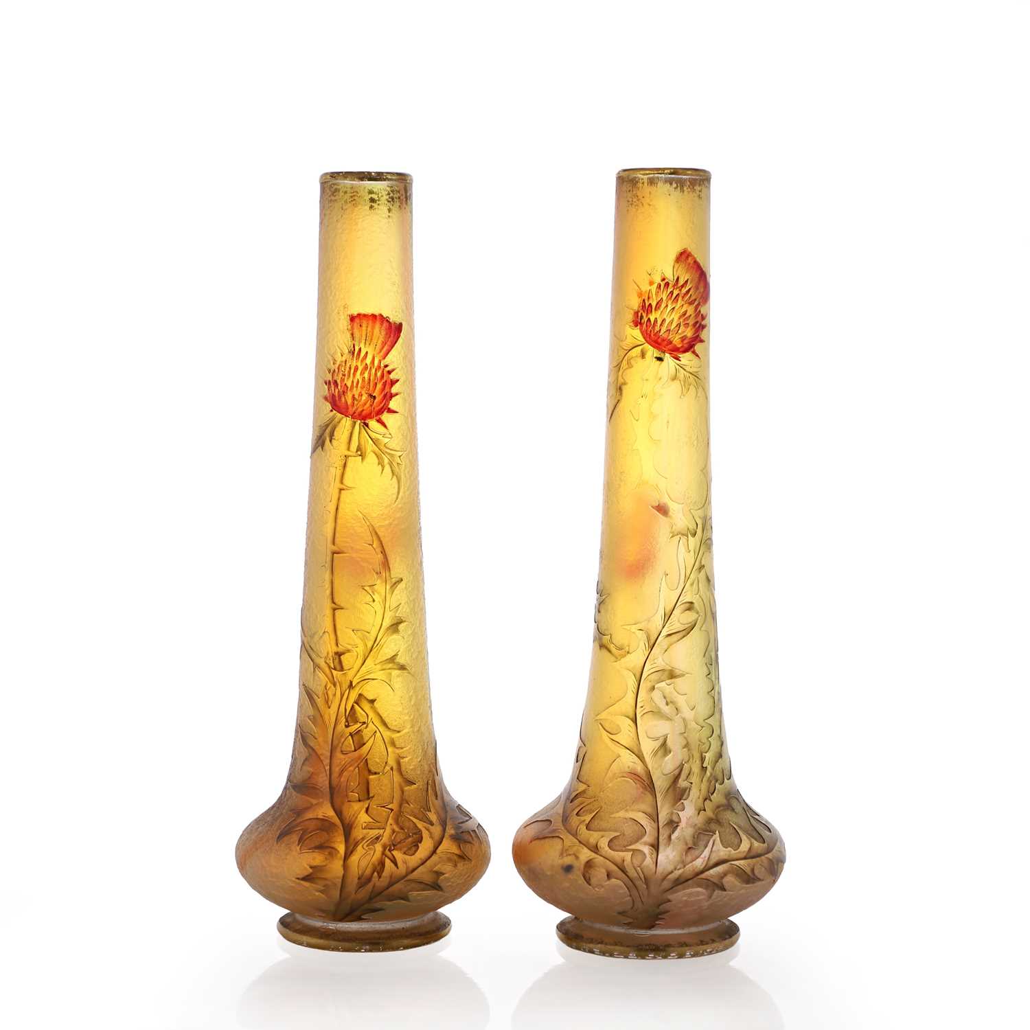 Lot 86 - A pair of Daum enamelled cameo glass vases