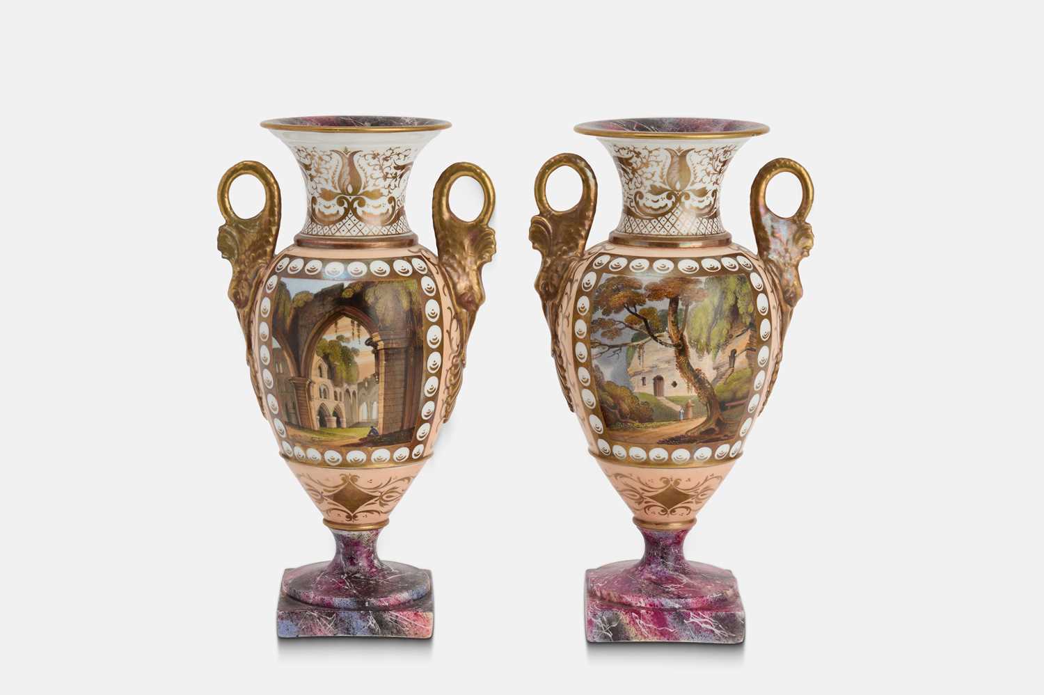 Lot 124 - A pair of Paris porcelain topographical urn vases