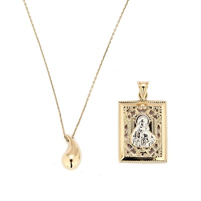Lot 194 - A Madonna and child pendant and a drop shaped pendant on chain