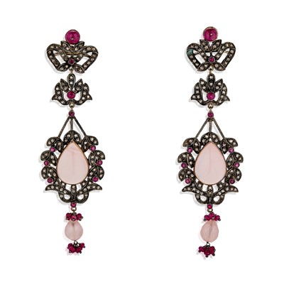 Lot 154 - A pair of rose cut diamond, ruby and pink quartz earrings
