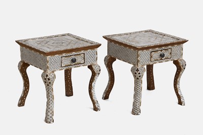 Lot 147 - A pair of fruitwood, bone and mother-of-pearl-inlaid side tables
