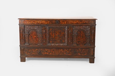 Lot 180 - A carved oak, fruitwood and marquetry chest