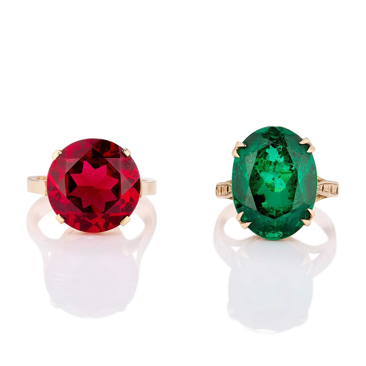 Lot 162 - A 9ct gold green synthetic spinel ring and a synthetic ruby ring