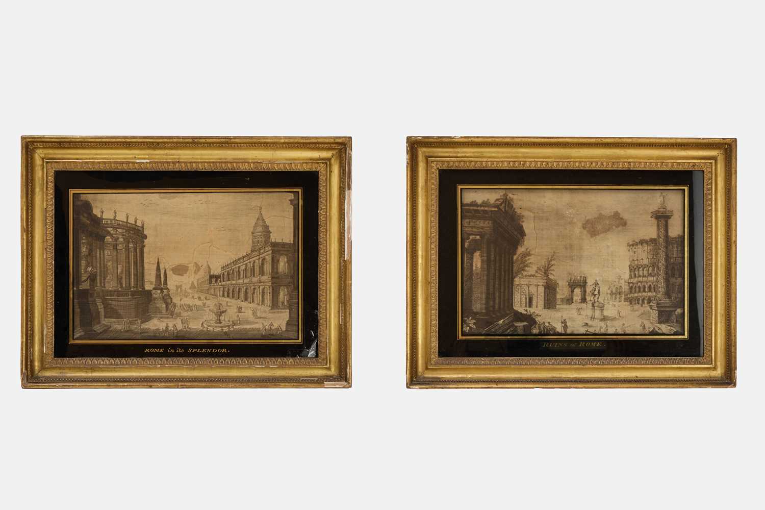 Lot 91 - A pair of silk and hair embroidered pictures of Rome