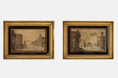 Lot 91 - A pair of silk and hair embroidered pictures of Rome