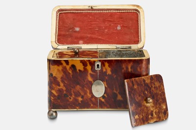 Lot 1 - A George III tortoiseshell, silver and ivory tea caddy