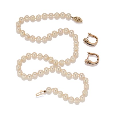 Lot 175 - A pair of 9ct gold sapphire and diamond earrings and a cultured pearl necklace