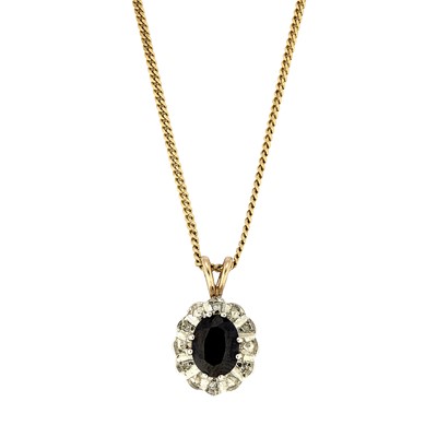 Lot 108 - A 9ct gold sapphire cluster pendant and chain