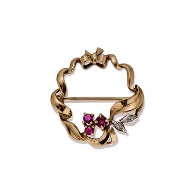 Lot 88 - A 9ct gold ruby and diamond brooch