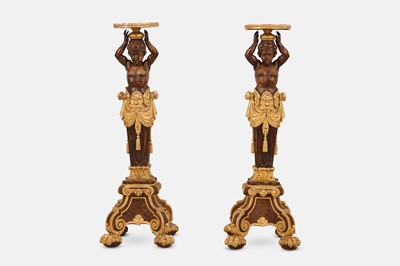 Lot 187 - A pair of baroque-style painted and parcel-gilt wooden torchères