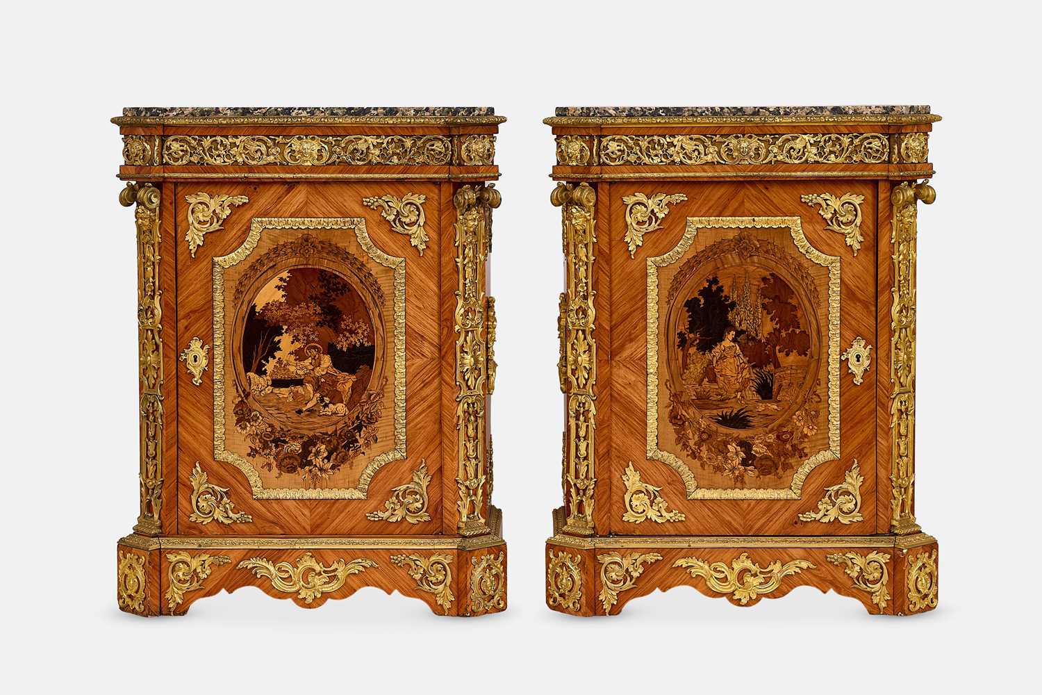 Lot 337 - A pair of Louis XV-style kingwood, marquetry and ormolu pier cabinets
