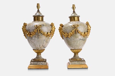Lot 339 - A pair of Louis XVI-style carved marble and ormolu table lamps