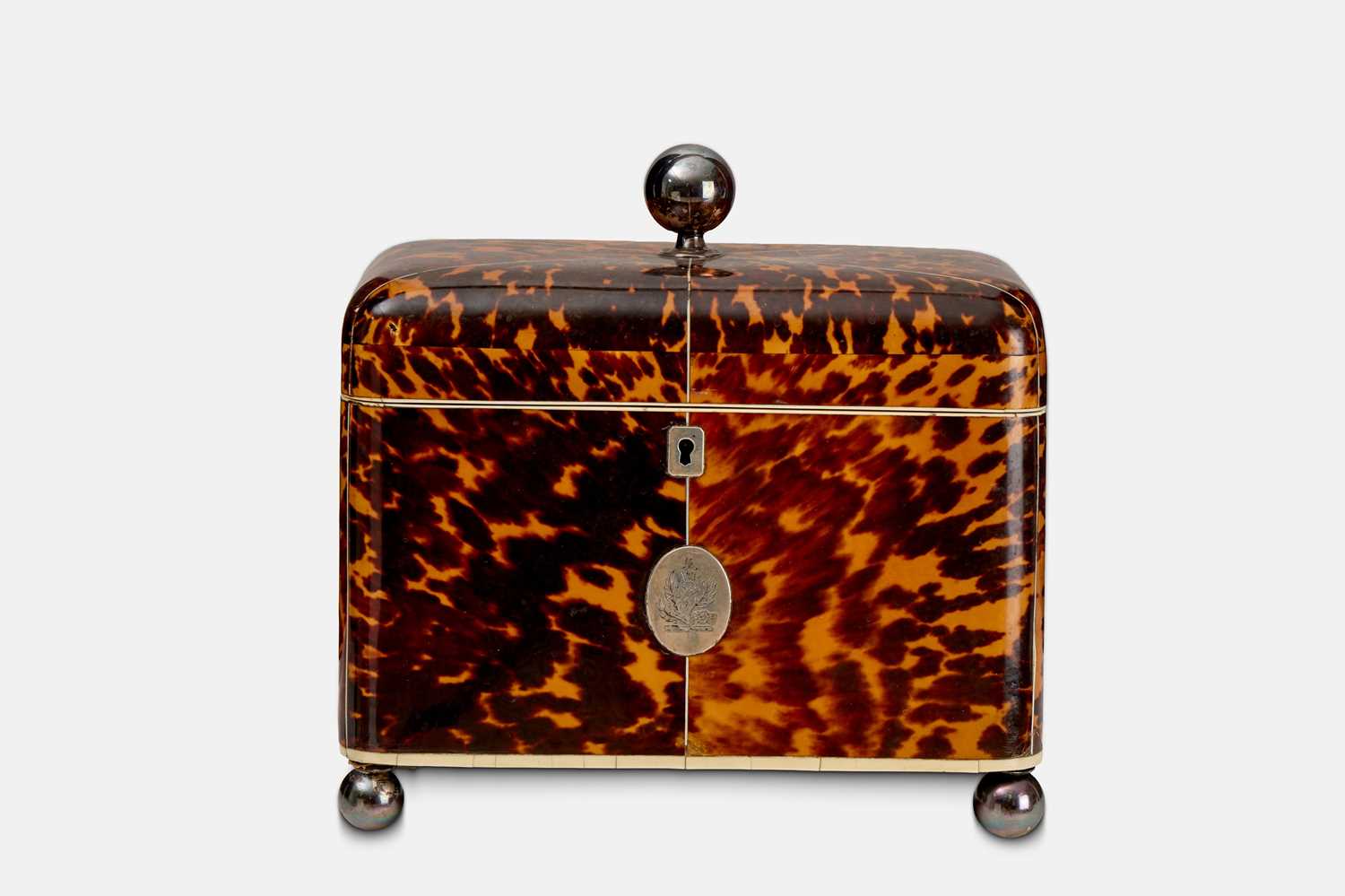 Lot 210 - A Regency tortoiseshell, ivory and silver-mounted tea caddy