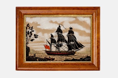 Lot 365 - A reverse glass silhouette painting of a ship