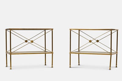 Lot 219 - A pair of Regency-style brass and verre églomisé glass side tables
