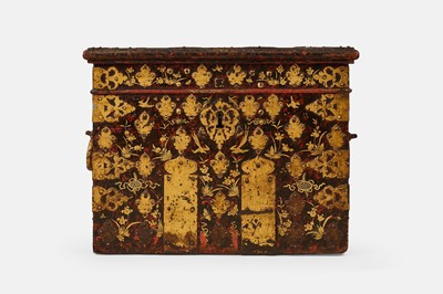 Lot A painted and parcel-gilt wooden and cast iron strongbox