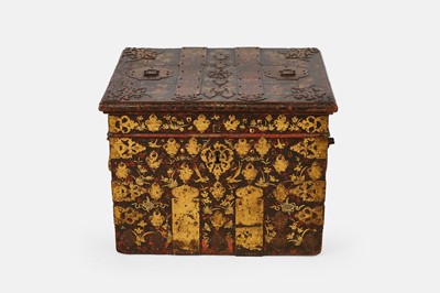 Lot A painted and parcel-gilt wooden and cast iron strongbox