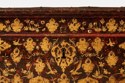 Lot A painted and parcel-gilt wooden and cast iron strongbox