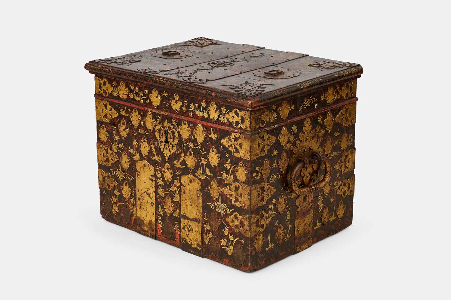 Lot 330 - A painted and parcel-gilt wooden and cast iron strongbox
