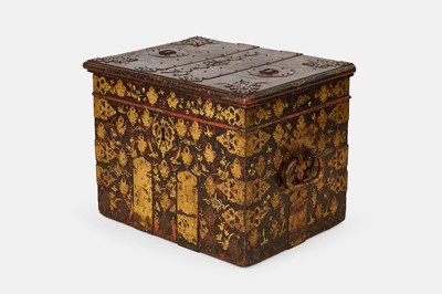 Lot A painted and parcel-gilt wooden and cast iron strongbox