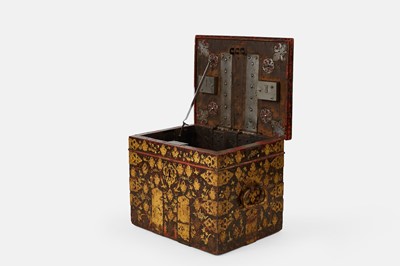 Lot A painted and parcel-gilt wooden and cast iron strongbox