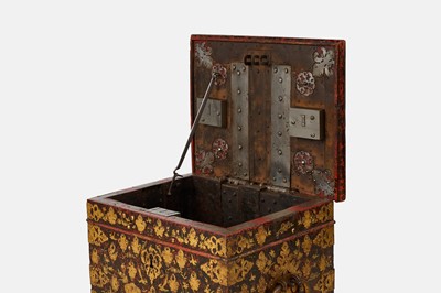 Lot A painted and parcel-gilt wooden and cast iron strongbox