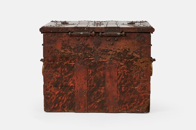 Lot A painted and parcel-gilt wooden and cast iron strongbox