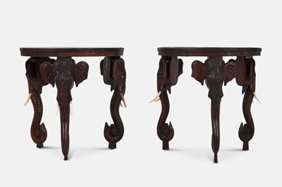 Lot 316 - A near pair of carved teak, bone and ivory side tables