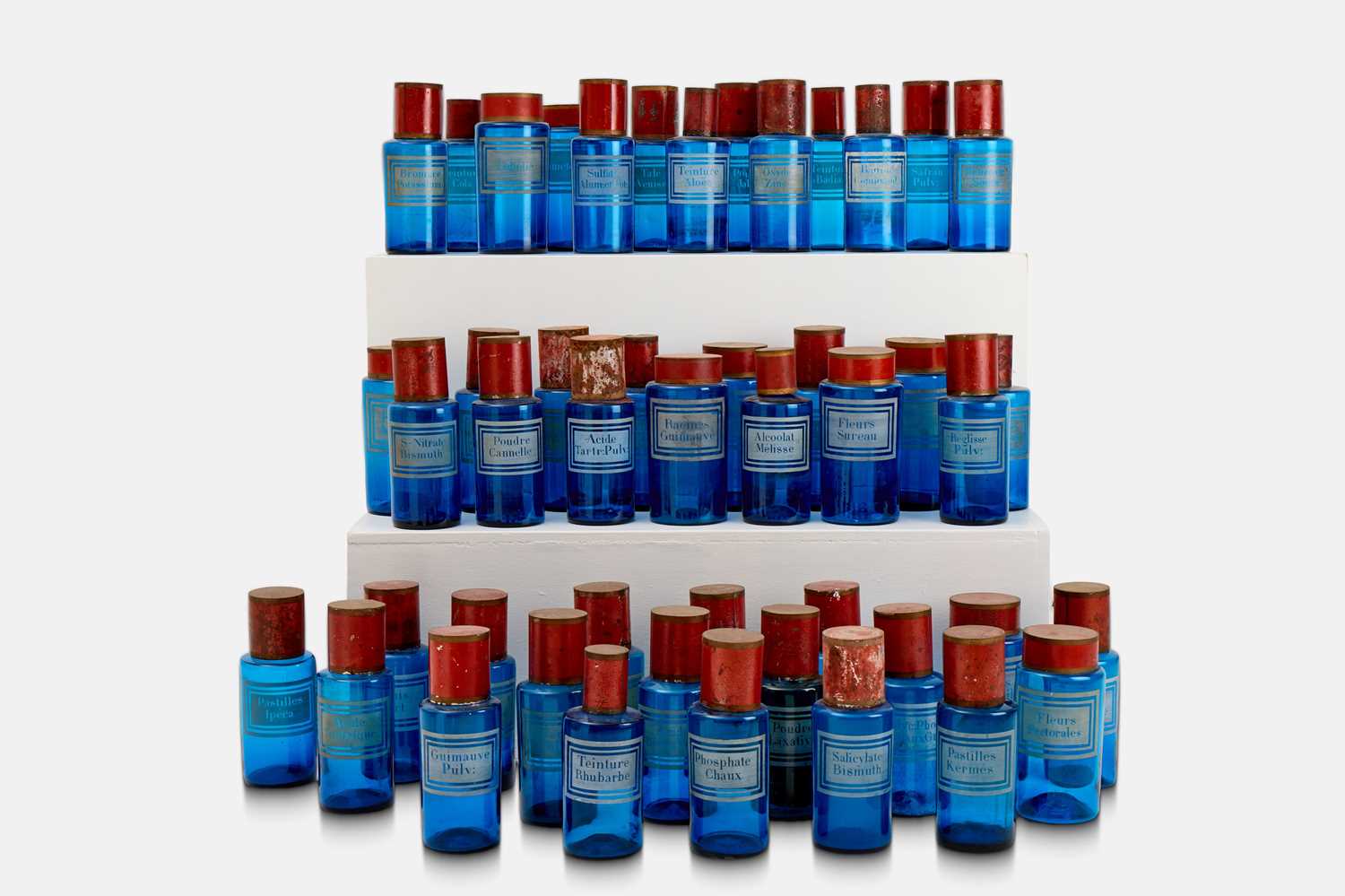 Lot 182 - A group of forty-seven blue glass apothecary bottles and jars