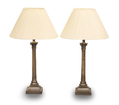 Lot 474 - A pair of silver-plated Corinthian column table lamps