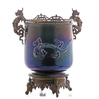Lot 64 - An ormolu-mounted iridescent 'Bronze Ware' glass jardinière