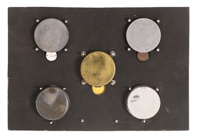Lot 39 - A board containing five examples of aircraft instrument clocks,'Borduhren Luftwaffe Weltkrieg II'