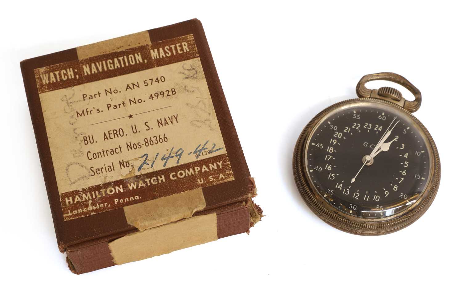 Lot 61 - A US Navy chrome and silver open-faced 24-hour deck pocket watch