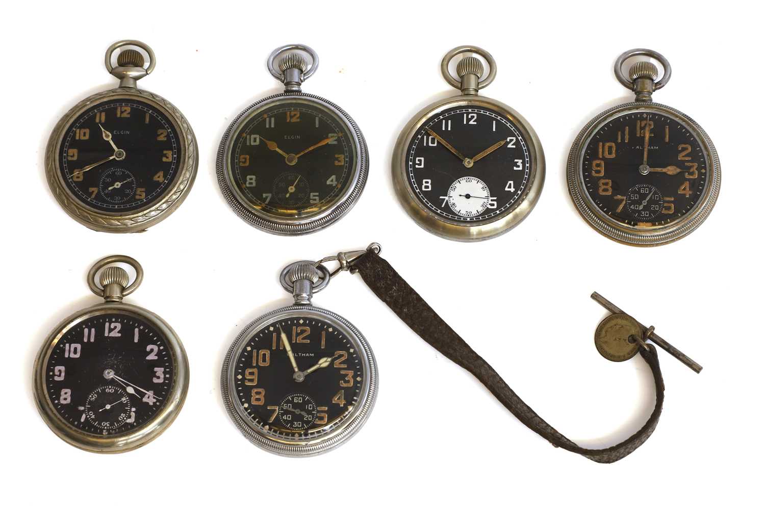 Lot 70 - Six military nickel plated and chrome open face pocket watches