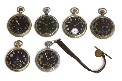 Lot 70 - Six military nickel plated and chrome open face pocket watches