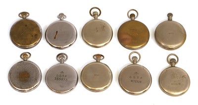 Lot 71 - Ten military nickel plated and chrome open face pocket watches