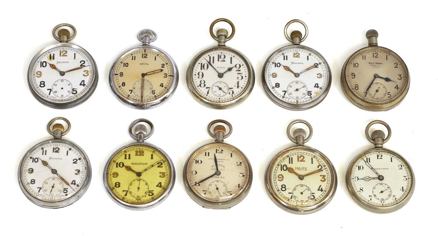 Lot 71 - Ten military nickel plated and chrome open face pocket watches