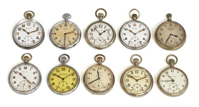 Lot 71 - Ten military nickel plated and chrome open face pocket watches