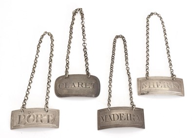 Lot 14 - Four George III silver Claret, Madeira, Port and Sherry decanter labels